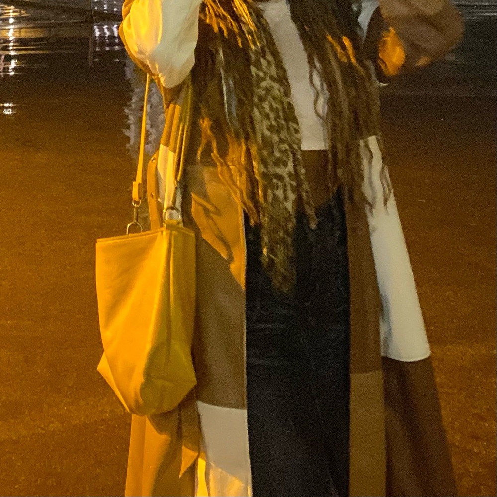 Brown + white patchwork and faux leather trench coat